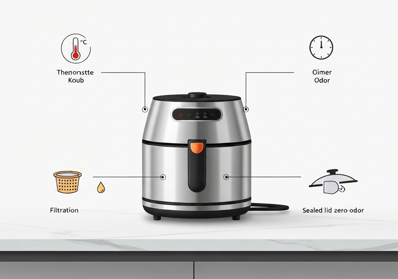 Infographie d'une friteuse électrique avec pictogrammes des fonctionnalités