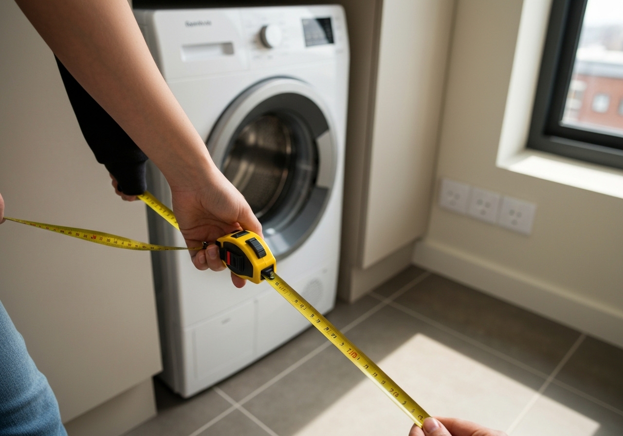Personne mesurant l'espace pour un sèche-linge compact dans une buanderie