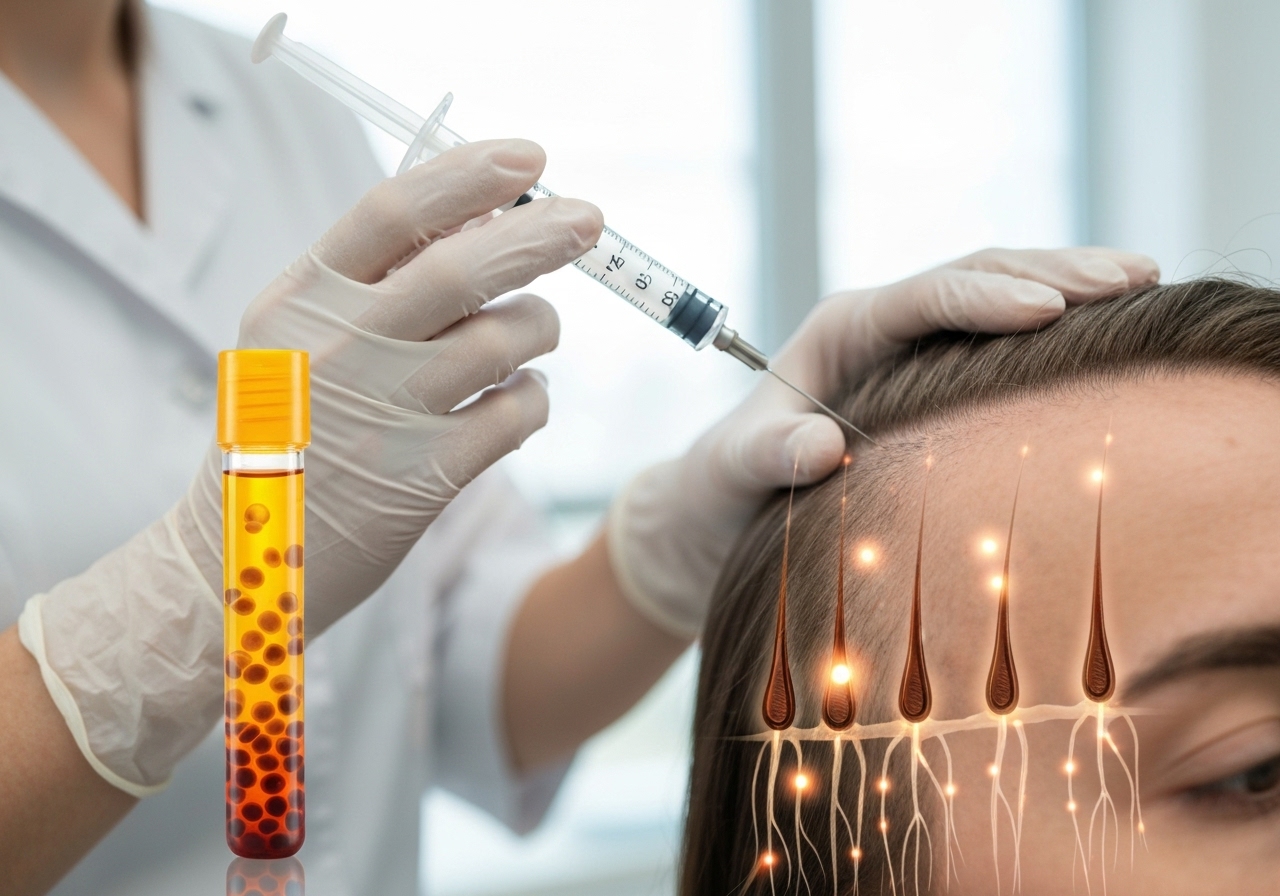 Injection PRP dans le cuir chevelu avec tube de plasma en premier plan